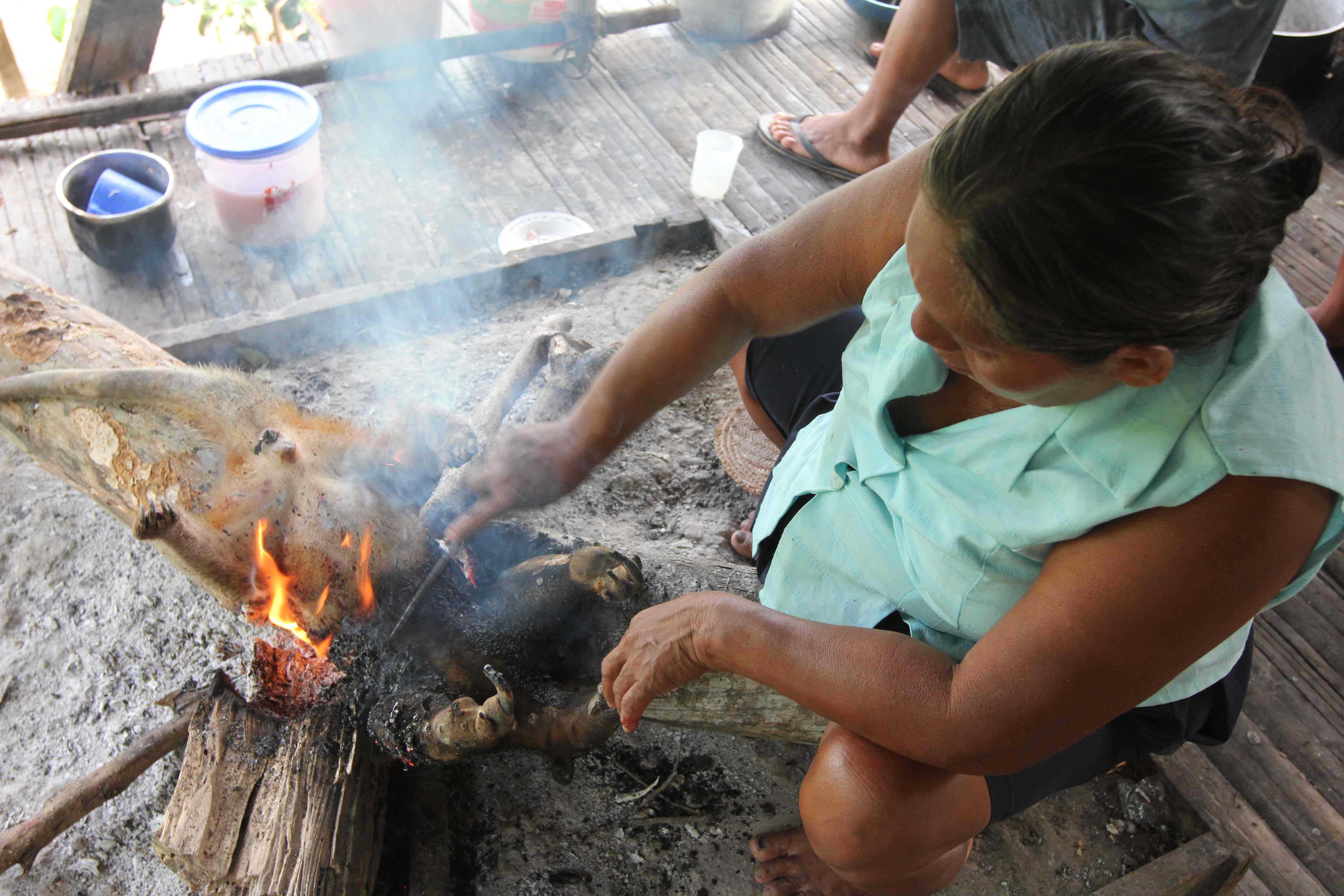 A woman prepares an anteater for supper from the day's catch. Copyright: Barbara Fraser.