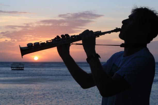 Swedish musician Anders Paulsson of Coral Guardians plays his soprano saxophone at sunset on Danjugan Island, home to a coral reef sanctuary, in the central Philippines, February 12, 2017. PHOTO/Kaila Ledesma