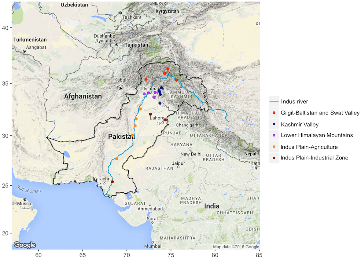 The sampling sites along the Indus river where chemical pollution data was gathered. Image courtesy of Avit Bhowmik